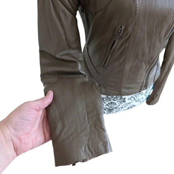 BCBGMaxazria Leather Jacket Tart Taupe Light Brown Moto Crop Women's Extra Small - Picture 10 of 13